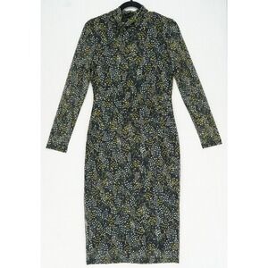 Nine West Mod Black Green Long Sleeve Mock Neck Midi Dress Small Sheer Overlay